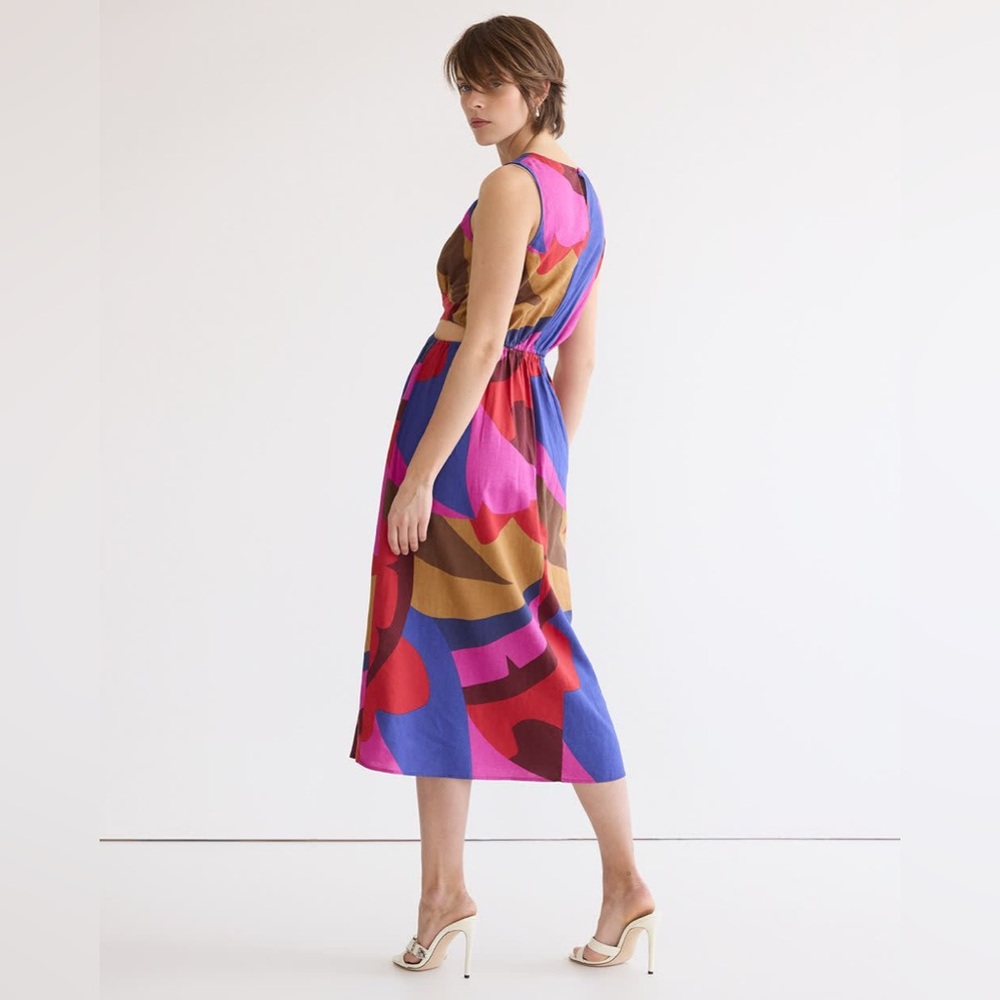Sleeveless Linen cut out Midi Dress - multi summer print L - Picture 3 of 9